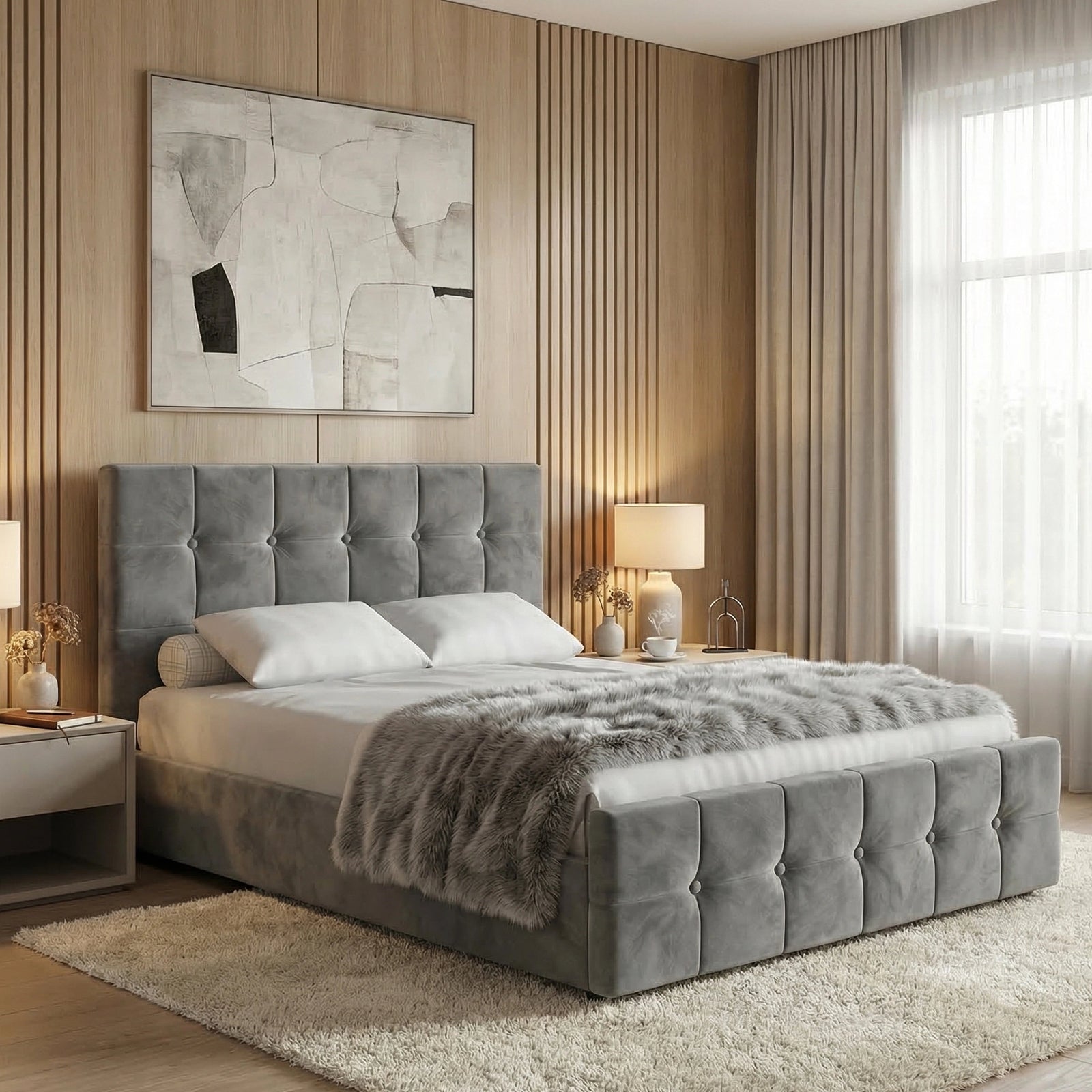 [Double | Dark Grey] Square ottoman bed dressed with faux fur throw beside slatted oak wall and framed artwork