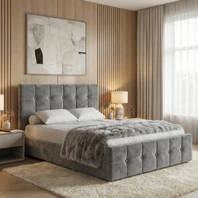 [Double | Dark Grey] Square ottoman bed dressed with faux fur throw beside slatted oak wall and framed artwork