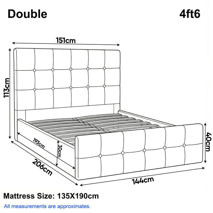 [Double | Beige]  Dimension diagram for double 4ft6 bed showing 151cm width 206cm length and 113cm headboard height
