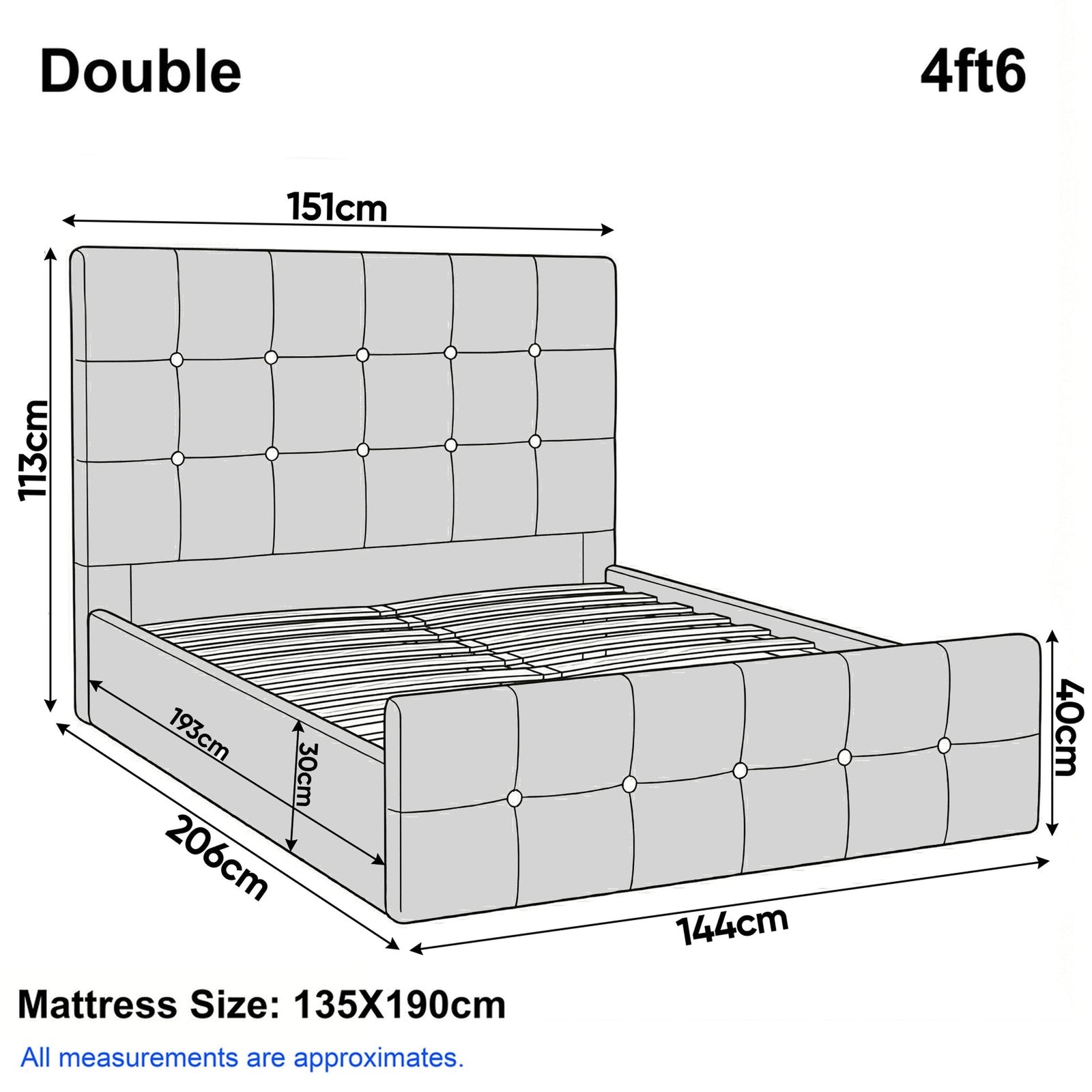 [Double | Beige]  Dimension diagram for double 4ft6 bed showing 151cm width 206cm length and 113cm headboard height