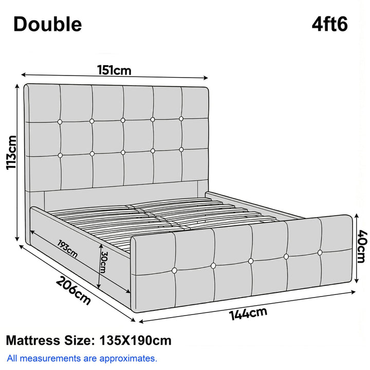 [Double | Beige]  Dimension diagram for double 4ft6 bed showing 151cm width 206cm length and 113cm headboard height