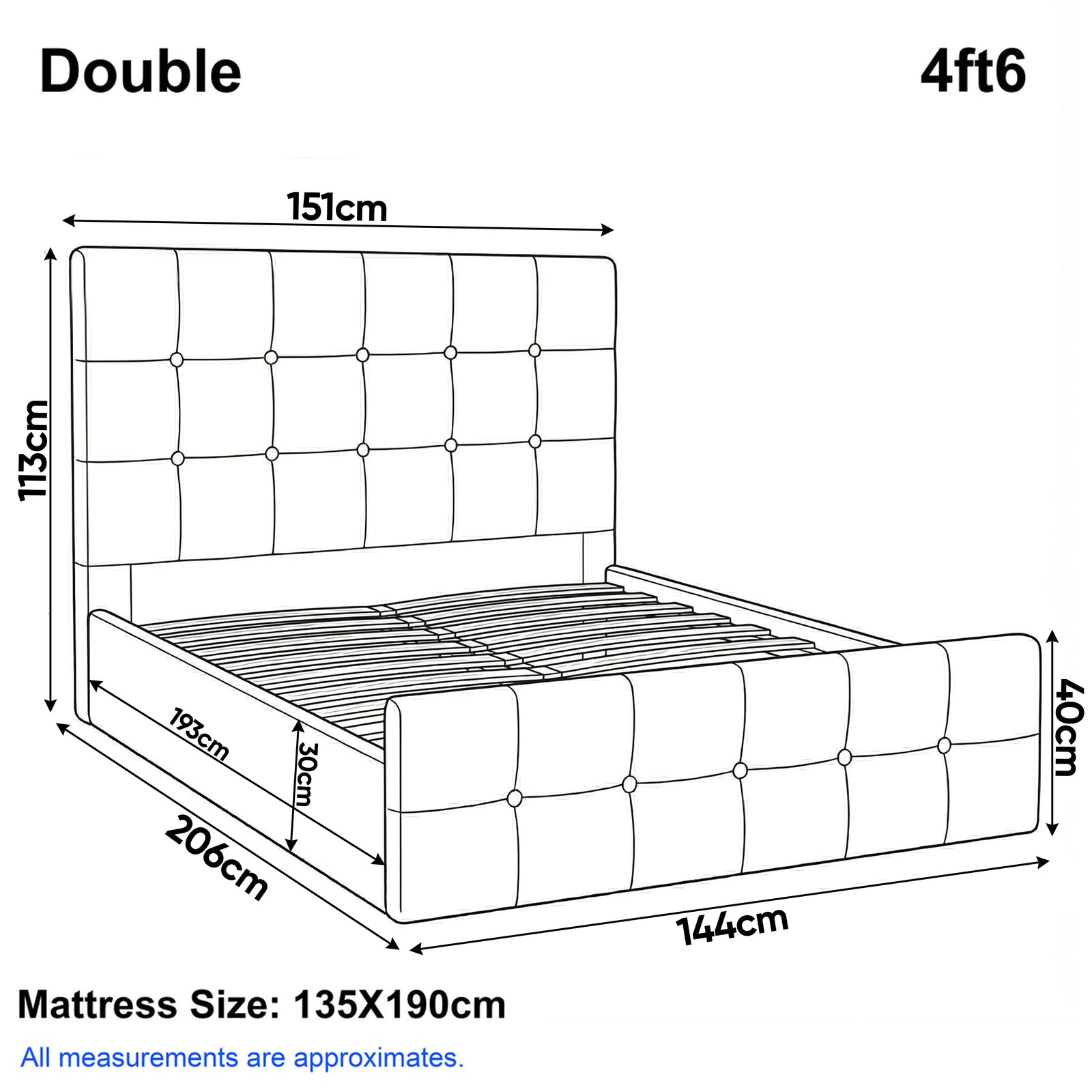 [Double | Grey] Dimension diagram for double 4ft6 bed showing 151cm width 206cm length and 113cm headboard height