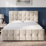 [King | Beige] tufted velvet bed frame with a high button-tufted headboard and matching footboard, styled in a bedroom with a blue paneled wall, white bedding, and a woven rug.