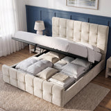[King | Beige] upholstered bed with a tufted headboard and matching footboard, shown in a styled bedroom with the bed frame open to reveal storage space filled with bedding