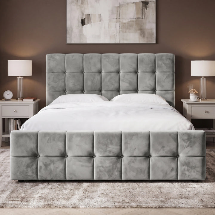 [King | Grey] King Square ottoman bed centred under sconces, tufted head and footboard styled in a modern bedroom setting with white bedding