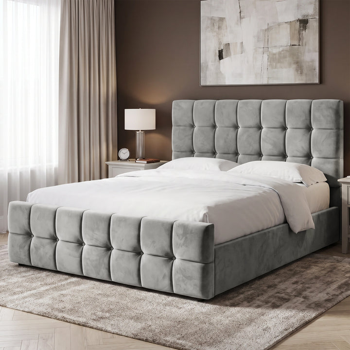 [King | Grey] Square velvet ottoman bed king, tufted headboard and footboard styled in a modern bedroom with white nightstands, beige curtains, and wall sconces.