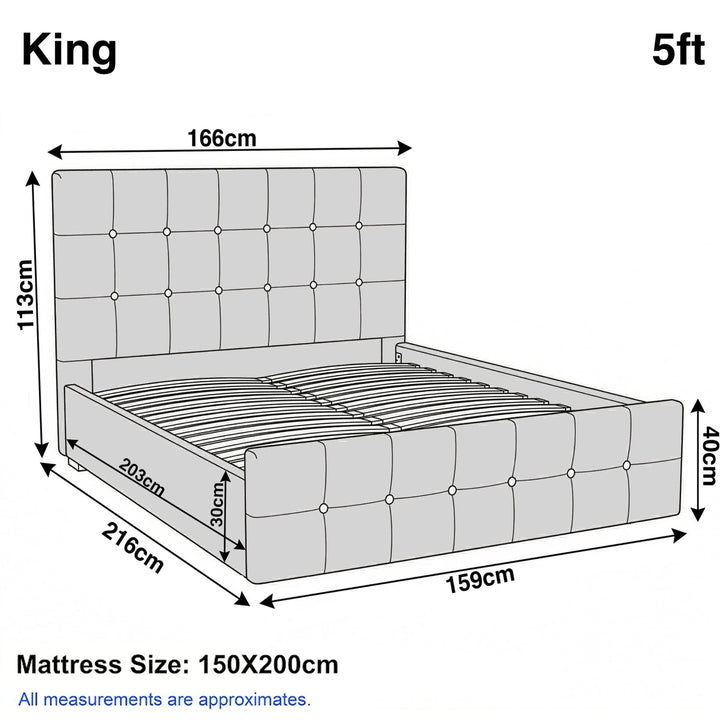 [King | Beige] Dimension diagram for king 5ft bed showing 166cm width 216cm length and 113cm headboard height