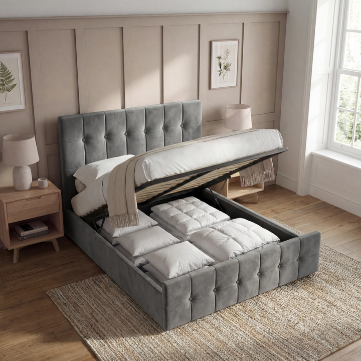 [King | Dark Grey] Square ottoman bed king, hydraulic base tilted up showing storage cavity beneath slatted platform
