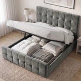 [King | Dark Grey] tufted velvet storage bed frame with white bedding, shown in a styled bedroom setting with the bed lift open to reveal the storage compartment underneath.