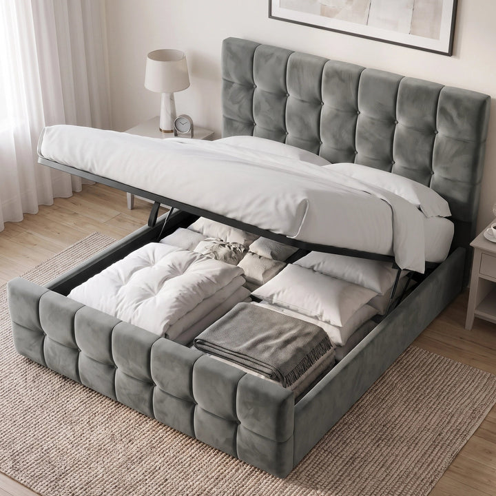 [King | Dark Grey] tufted velvet storage bed frame with white bedding, shown in a styled bedroom setting with the bed lift open to reveal the storage compartment underneath.
