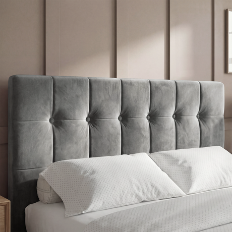 [King | Dark Grey] Zoomed view of Square ottoman bed headboard panels, king, square tufting in dark grey velvet