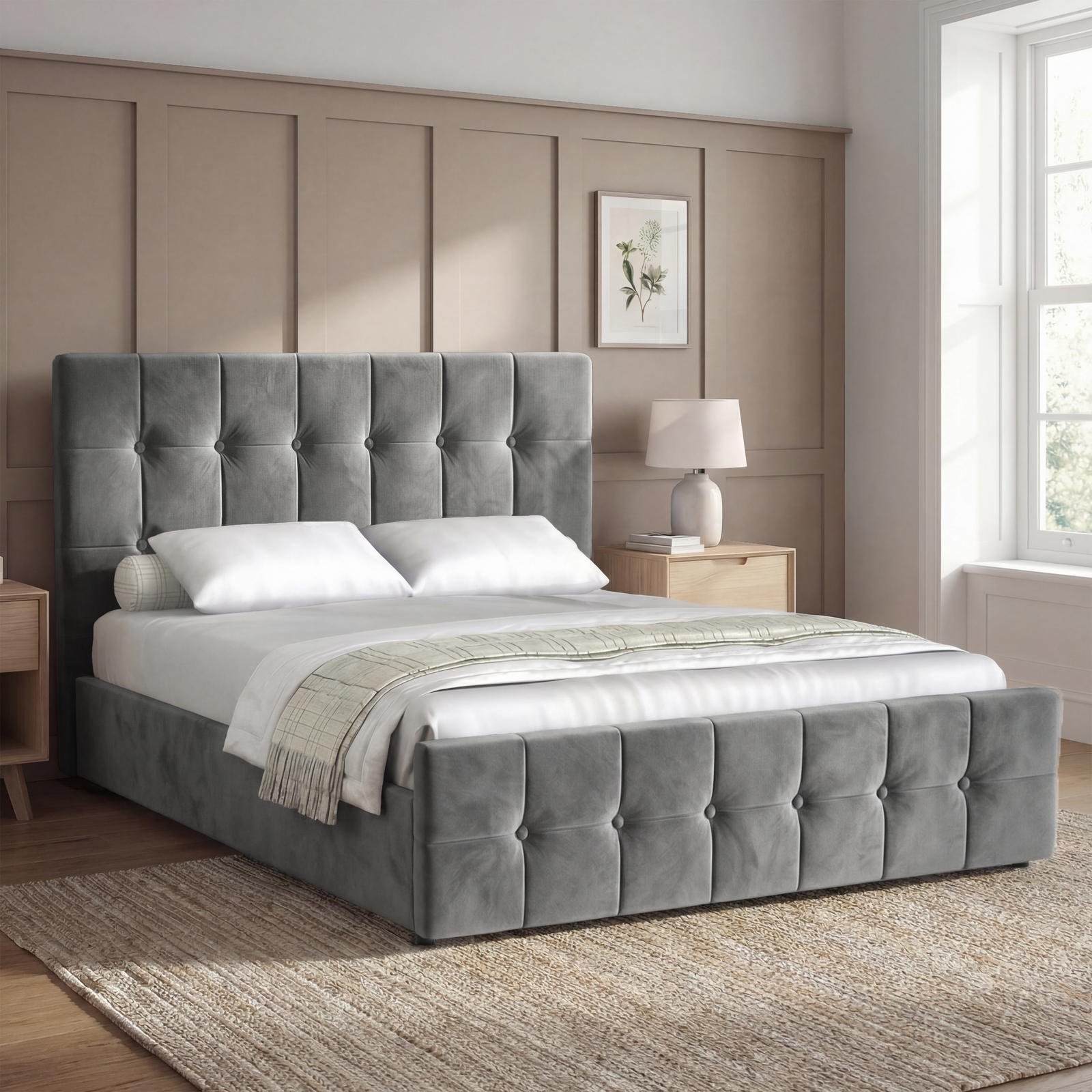 [King | Dark Grey] Square ottoman bed in king, grid-tufted headboard against panelled wall with cream throw at foot