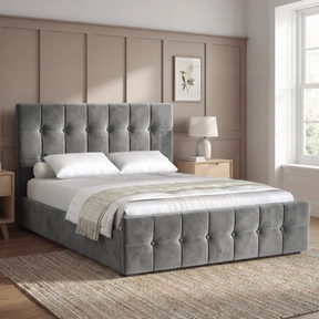 [King | Dark Grey] Square ottoman bed in king, grid-tufted headboard against panelled wall with cream throw at foot