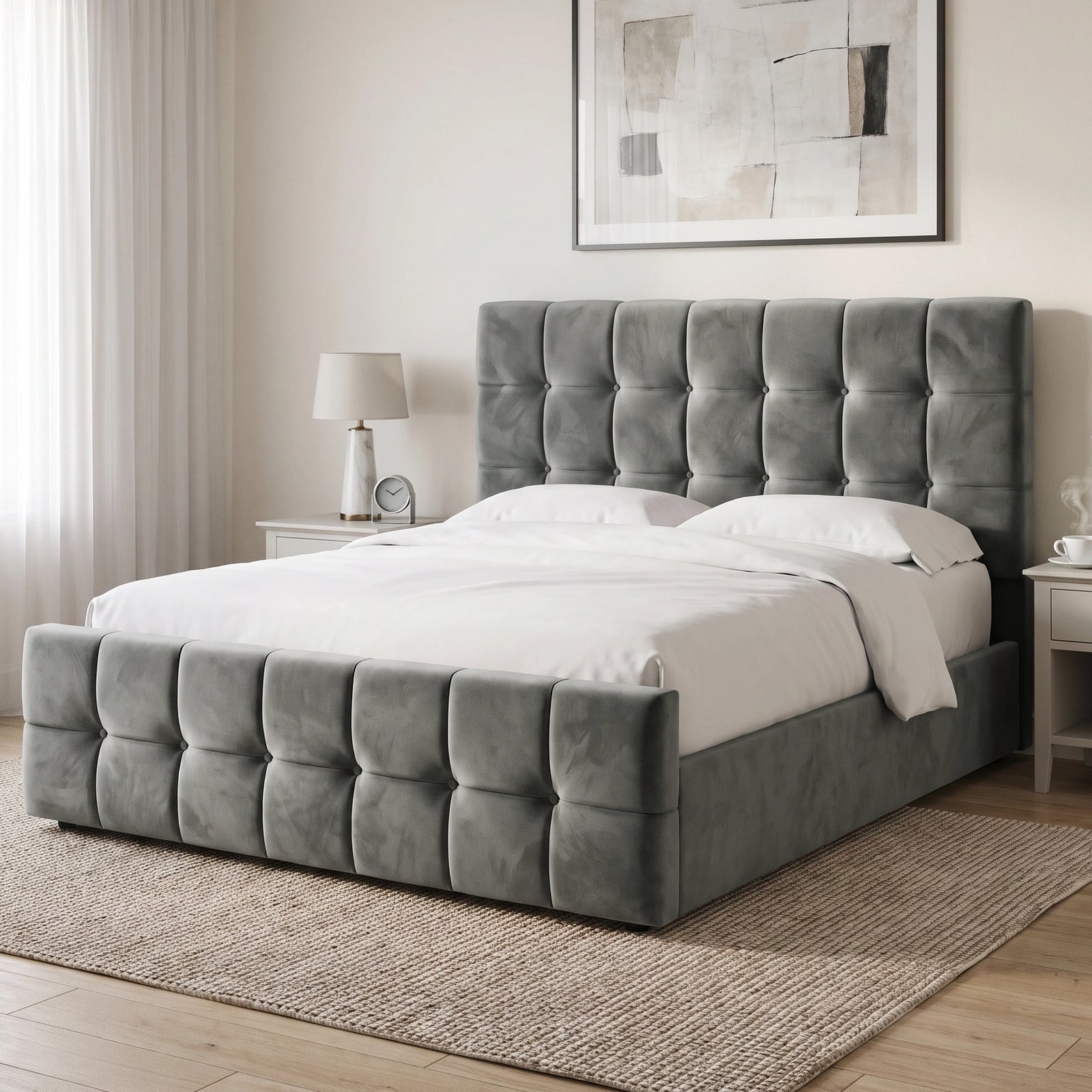 [King | Dark Grey] Square ottoman bed in king, grid-tufted headboard against cream wall with jute rug on a wooden floor