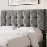 [King | Dark Grey] tufted velvet headboard on a bed with white bedding and pillows, shown in a clean bedroom setting.