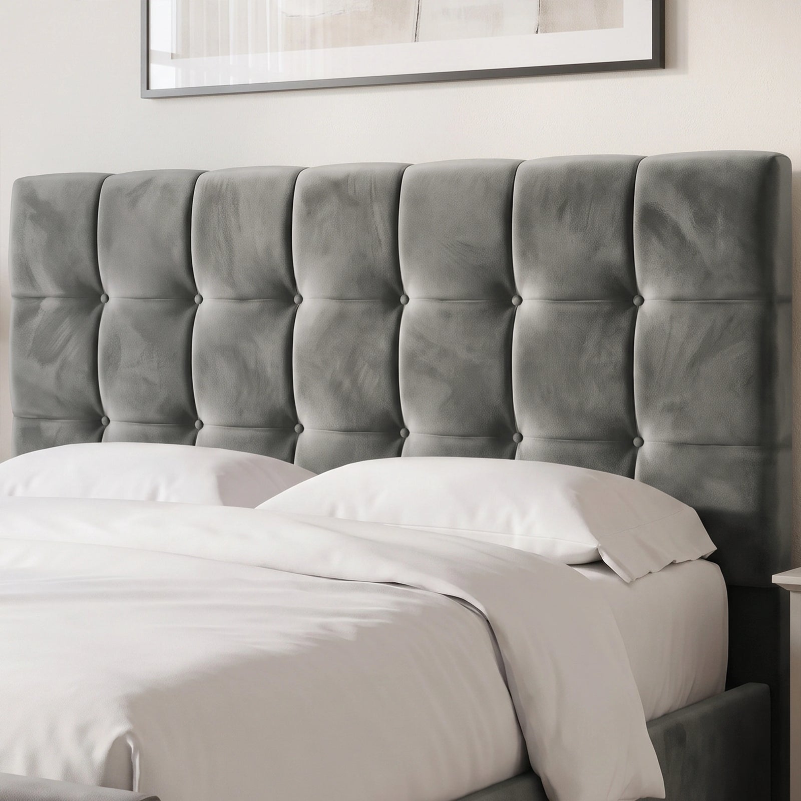 [King | Dark Grey] tufted velvet headboard on a bed with white bedding and pillows, shown in a clean bedroom setting.