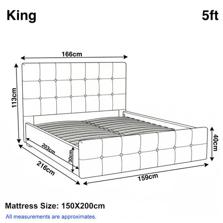 [King | Light Grey] King Square ottoman bed dimensions diagram: 166 cm wide, 216 cm long, 113 cm headboard, 5ft king