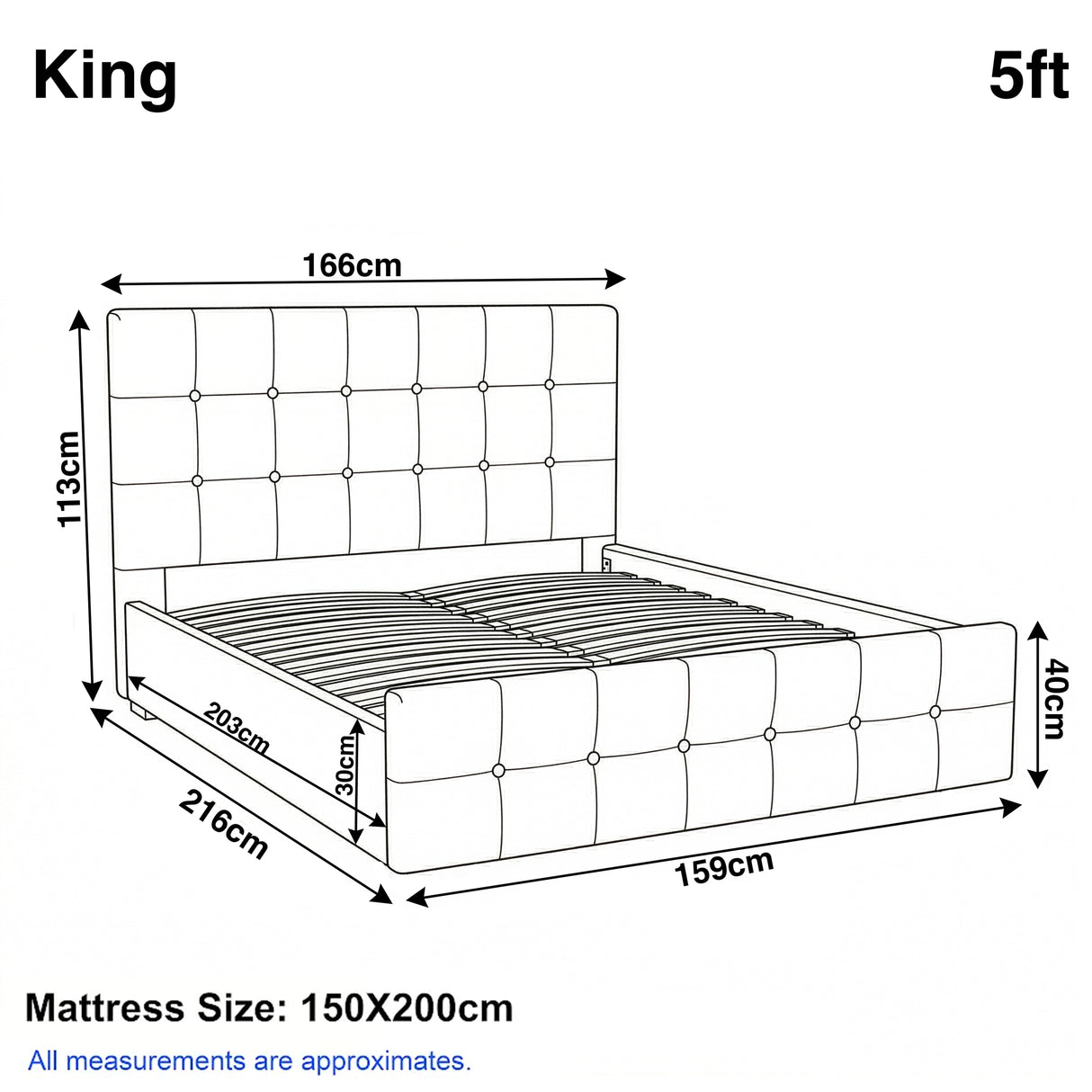 [King | Grey] Dimension diagram for king 5ft bed showing 166cm width 216cm length and 113cm headboard height