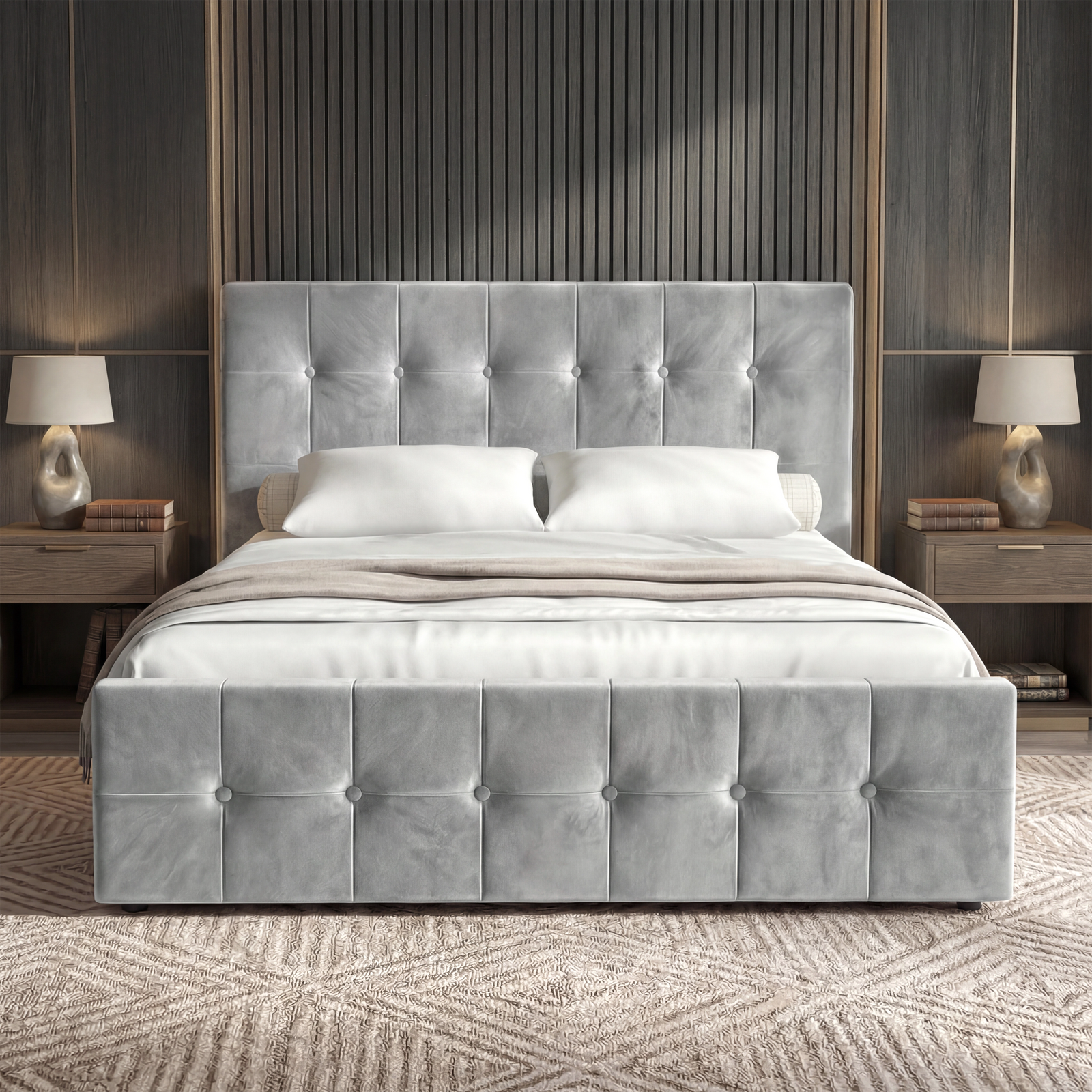 [King | Light Grey] King Square ottoman bed centred under sconces, tufted head and footboard facing camera
