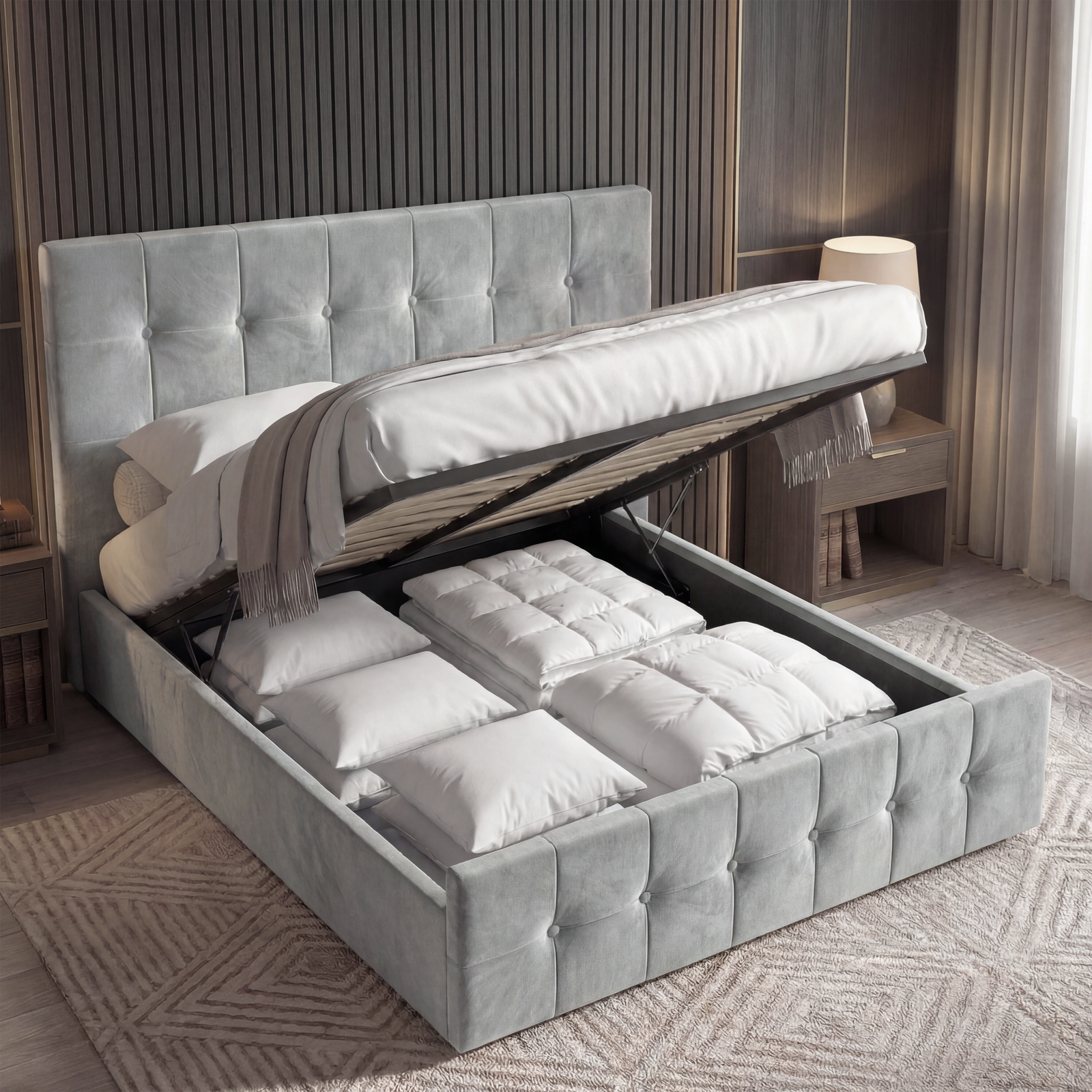[King | Light Grey] King Square ottoman bed shown in open position, gas struts supporting base over storage