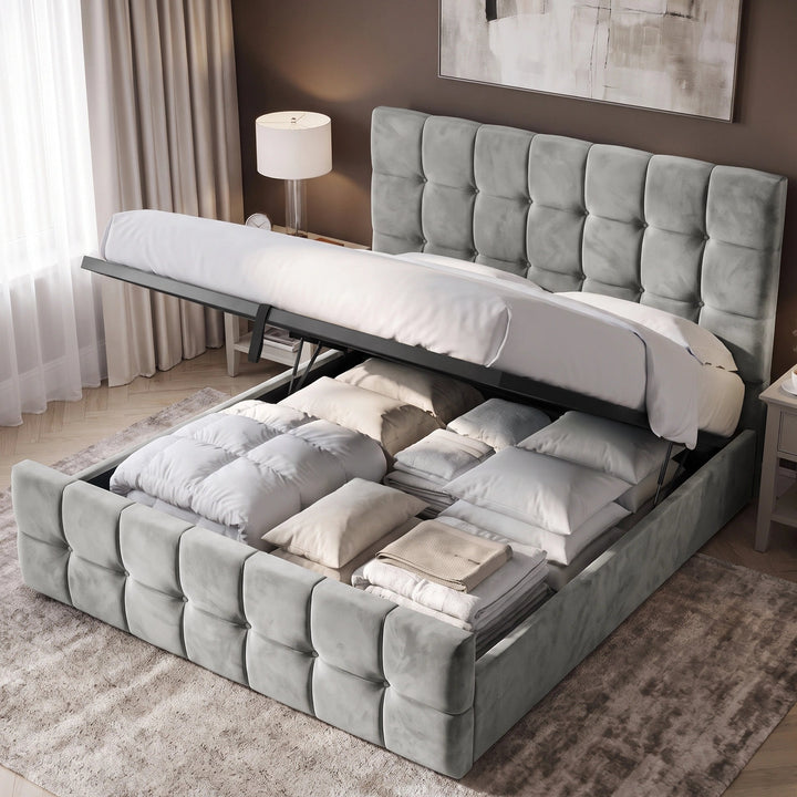 [King | Grey] King Square ottoman bed shown in open position, gas struts supporting base over storage