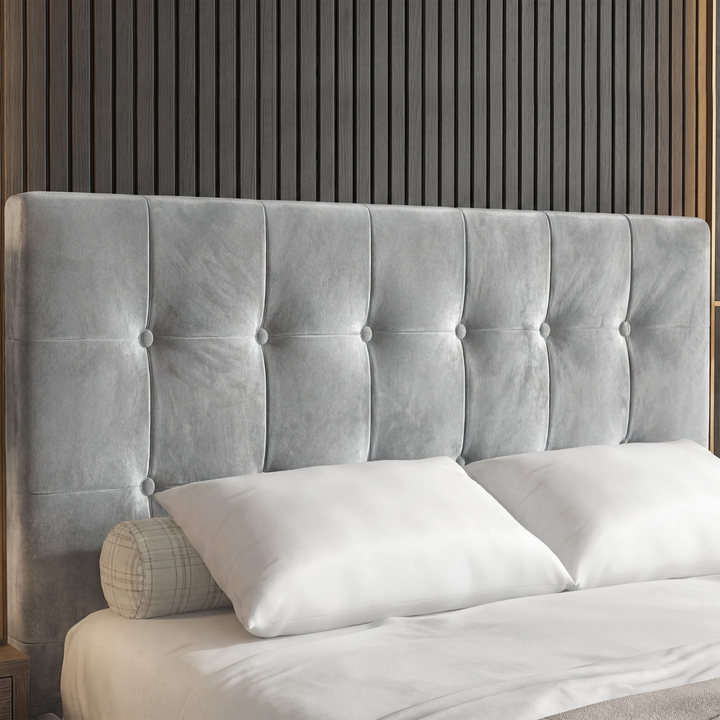 [King | Light Grey] Detail of Square ottoman bed king headboard panels, square tufting pattern in light grey velvet