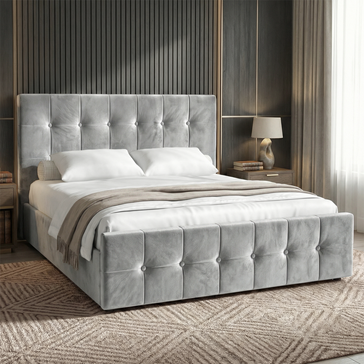 [King | Light Grey] Square velvet ottoman bed king, tufted headboard and footboard against taupe moulded wall with sconces