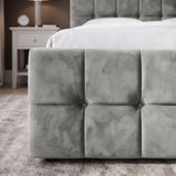 [King | Grey] Detail of Square ottoman bed king footboard panels, square tufting pattern in light grey velvet