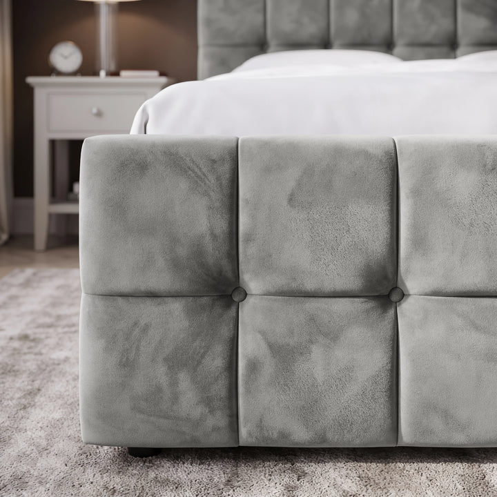[King | Grey] Detail of Square ottoman bed king footboard panels, square tufting pattern in light grey velvet