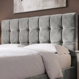 [King | Grey] Detail of Square ottoman bed king headboard panels, square tufting pattern in light grey velvet