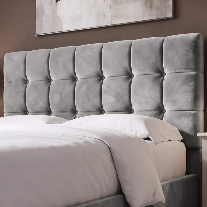 [King | Grey] Detail of Square ottoman bed king headboard panels, square tufting pattern in light grey velvet