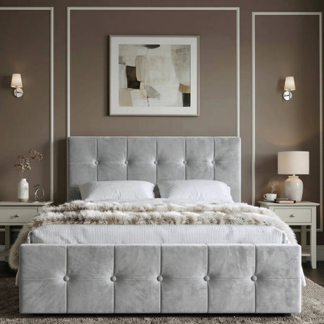 [Grey | Small Double] Symmetrical front-on view of square-tufted bed with fur throw between matching bedside tables and lamps