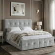 [Grey | Small Double] Three-quarter view of velvet ottoman bed with fur throw in elegant room with wall sconces and moulding