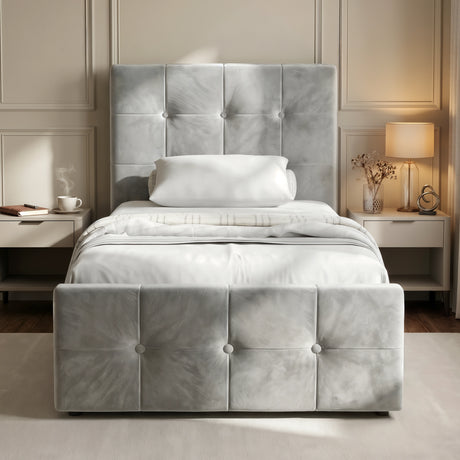 [Grey | Single] Overhead angle of single velvet bed with mattress raised revealing lined compartment with bedding stored