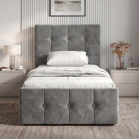 [Single | Dark Grey] Square ottoman bed centred in room view with matching tufted footboard and drawer nightstands
