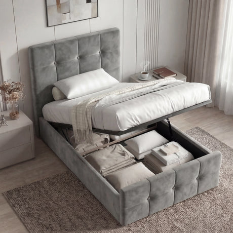 [Single | Dark Grey] Square ottoman bed storage compartment open showing depth of cavity and folded textiles within