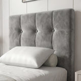 [Single | Dark Grey] Square ottoman bed upper panel viewed up close revealing tufted velvet texture and stitching