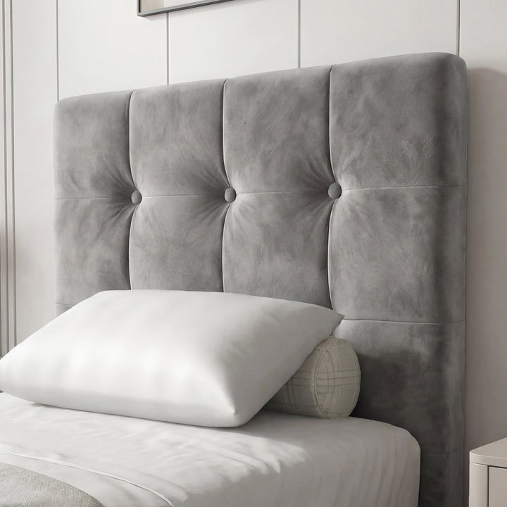 [Single | Dark Grey] Square ottoman bed upper panel viewed up close revealing tufted velvet texture and stitching