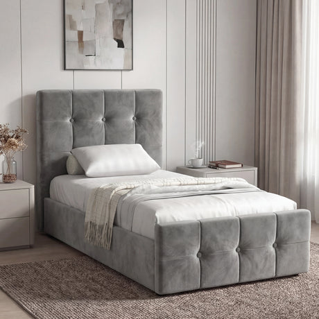 [Single | Dark Grey] Square ottoman bed styled in bright bedroom with deep-tufted panels and abstract wall art above