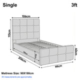 [Single | Dark Grey] Dimension diagram for single 3ft bed showing 106cm width 206cm length and 113cm headboard height