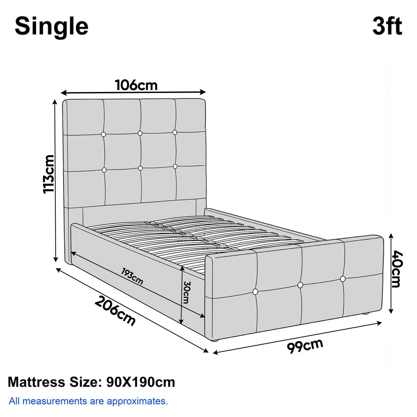 [Single | Dark Grey] Dimension diagram for single 3ft bed showing 106cm width 206cm length and 113cm headboard height