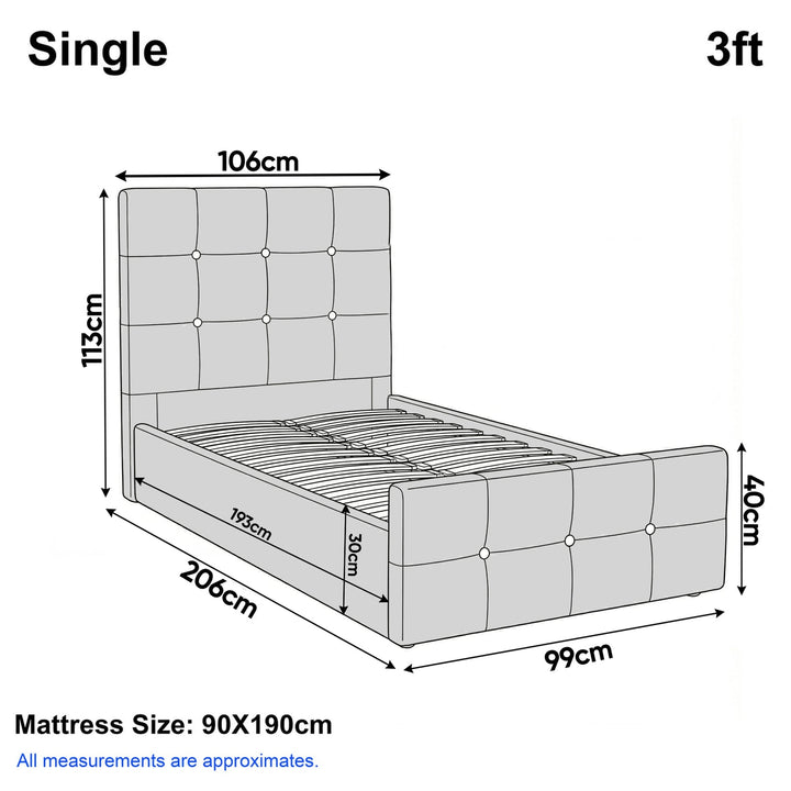 [Single | Dark Grey] Dimension diagram for single 3ft bed showing 106cm width 206cm length and 113cm headboard height