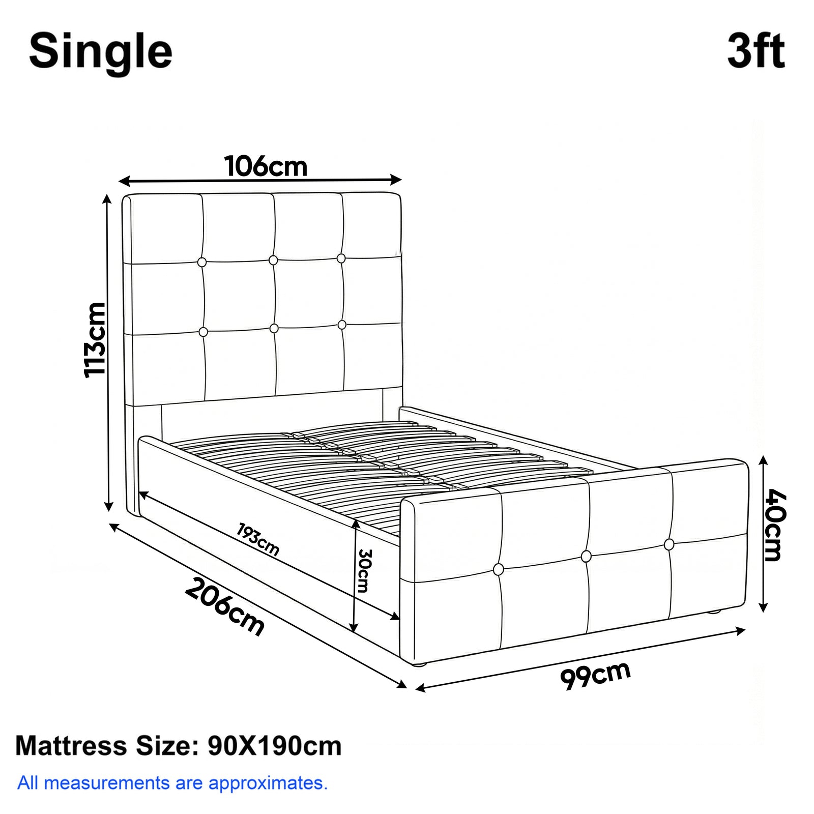 [Single | Grey] Dimension diagram for single 3ft bed showing 106cm width 206cm length and 113cm headboard height