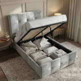 [Single | Light Grey] Single Square ottoman bed with gas-lift raised, under-bed storage holding pillows and bedding
