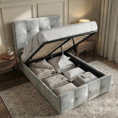 [Single | Light Grey] Single Square ottoman bed with gas-lift raised, under-bed storage holding pillows and bedding