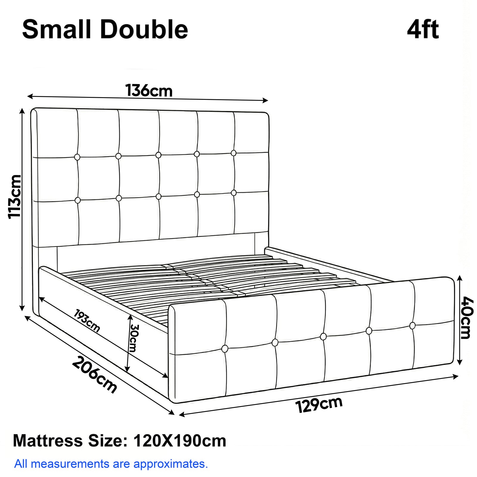 [Small Double | Beige] Dimension diagram for small double 4ft bed showing 136cm width 206cm length and 113cm headboard height