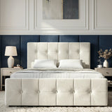 [Double | Beige] Square ottoman bed head-on, grid-tufted headboard and square-tufted footboard flanked by bedside lamps