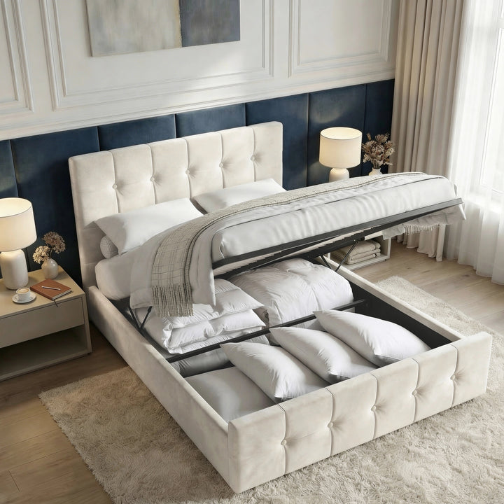 [Double | Beige] Square ottoman bed open with gas-lift slatted base raised showing pillows and linens in storage