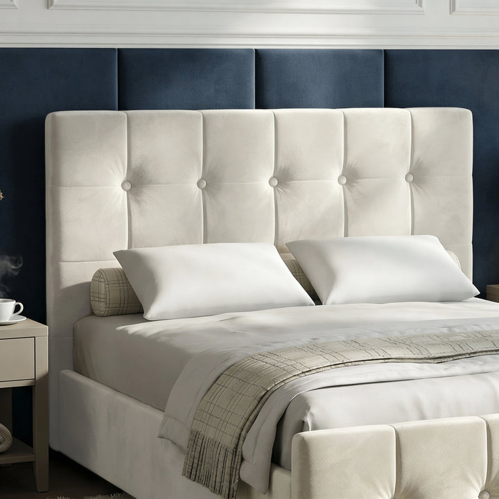 [Double | Beige] Square ottoman bed headboard detail, grid of square tufted panels with matching fabric buttons
