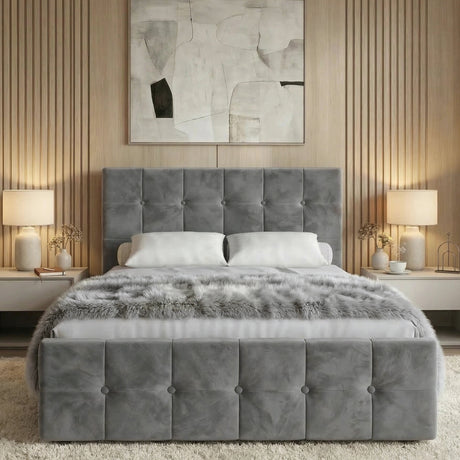 [Small Double | Dark Grey] Square ottoman bed head-on with fur throw across foot, flanked by bedside tables